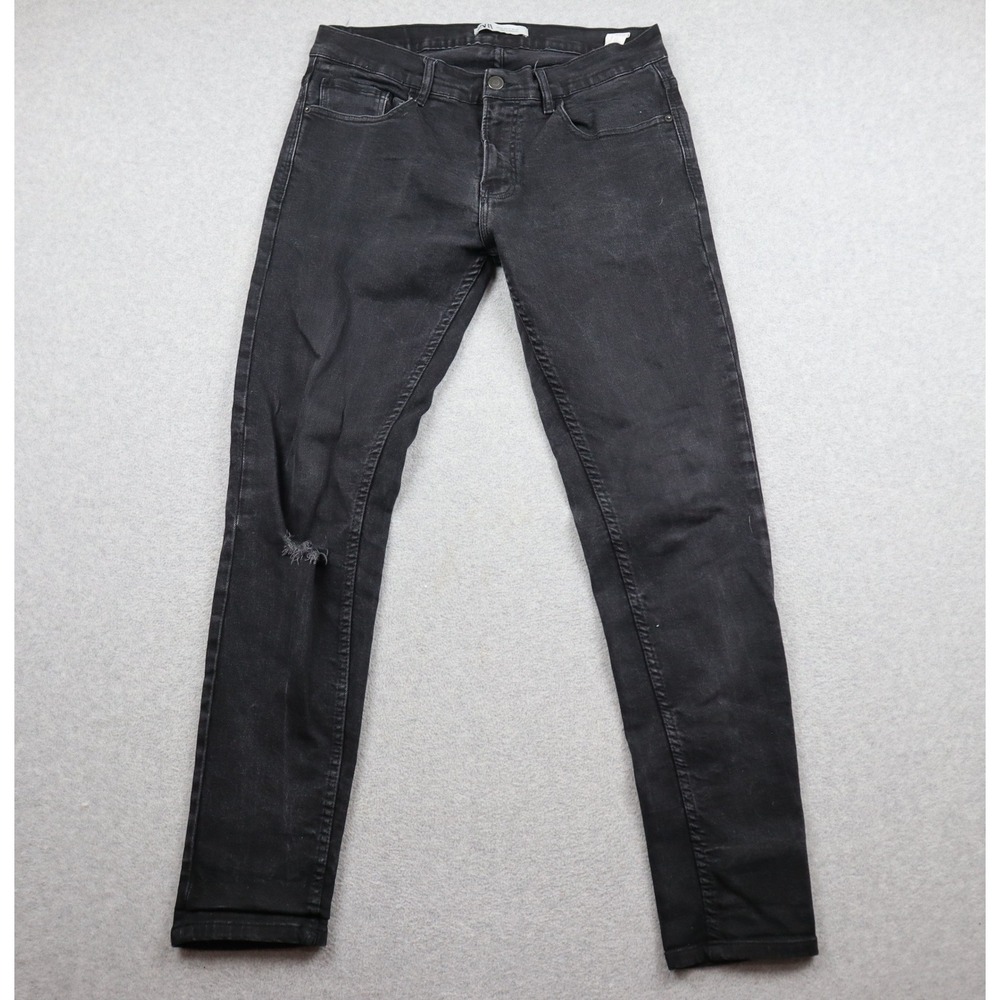 Zara Jeans Mens 34 Skinny Fit Black Faded Distressed Denim Pants Slim Trousers